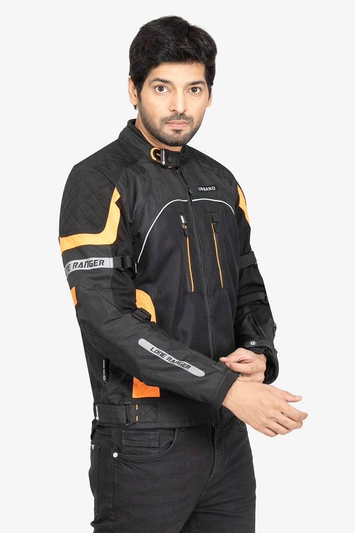 Lone Ranger Urbano Riding Jacket Orange, men’s orange armored jacket, men’s protective riding jacket, orange adventure jacket for men, lightweight motorcycle jacket, men’s biking gear, Lone Ranger men’s protective gear