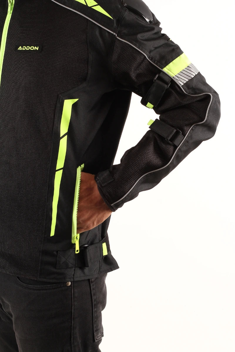 Lone Ranger Addon Pro Jacket for men in Black/Neon Green, crafted with durable material and high-visibility neon for night riding.