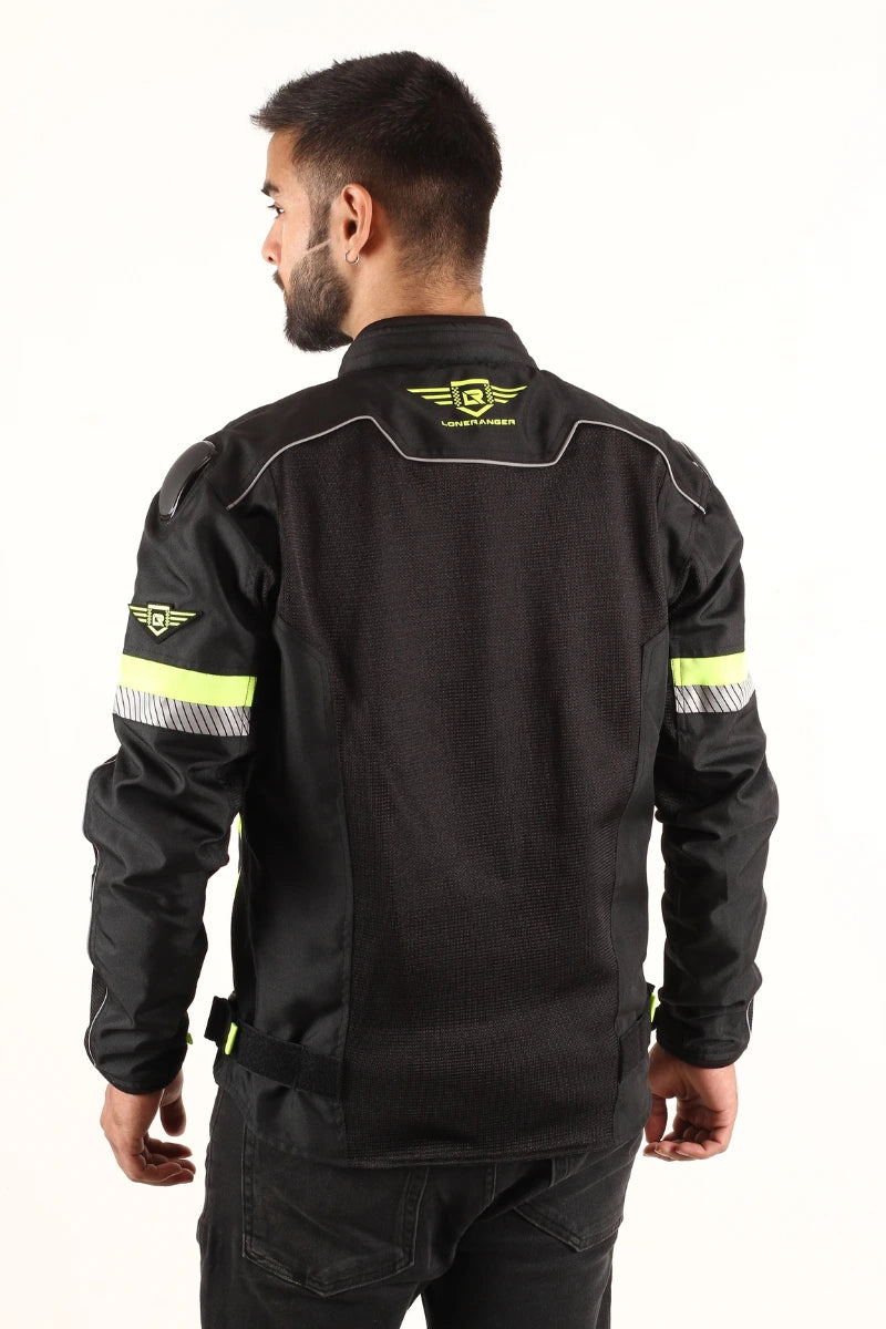 Lone Ranger Addon Pro Jacket in Black/Neon Green for men, offering reinforced protection and breathability for adventure rides.