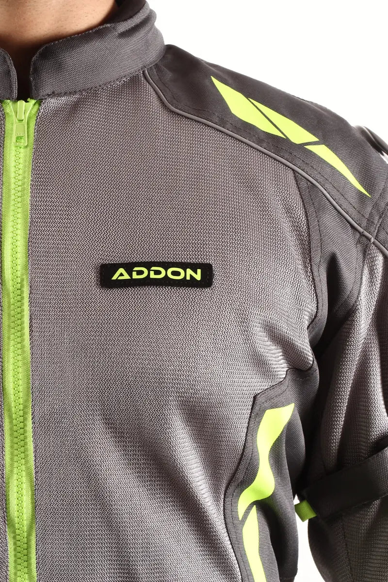 Waterproof Lone Ranger Addon Pro Jacket in Grey/Neon Green, providing a comfortable fit, ideal for long-distance touring.