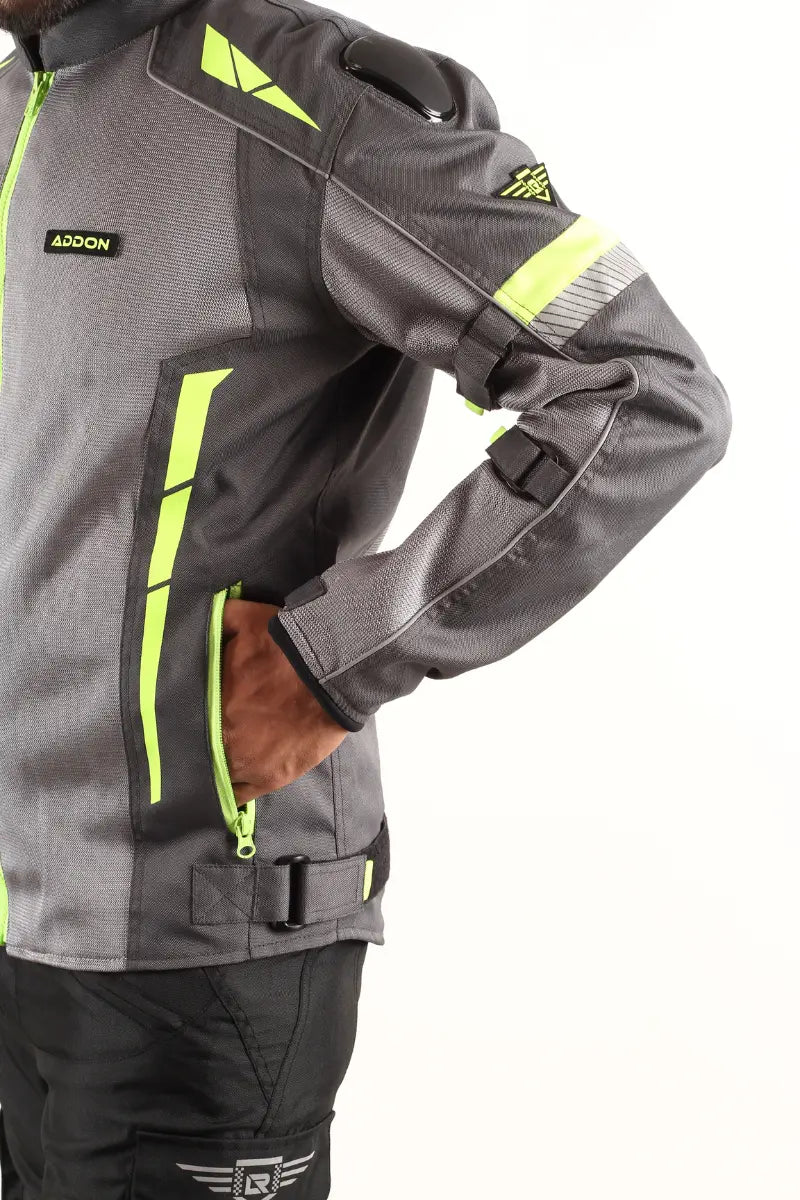 Lone Ranger Addon Pro Jacket in Grey/Neon Green for men, featuring reinforced protection and breathable fabric for adventure riding.