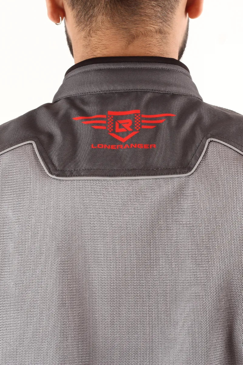 Waterproof Lone Ranger Addon Pro Jacket in Grey/Red for men, designed for a comfortable fit during long rides.
