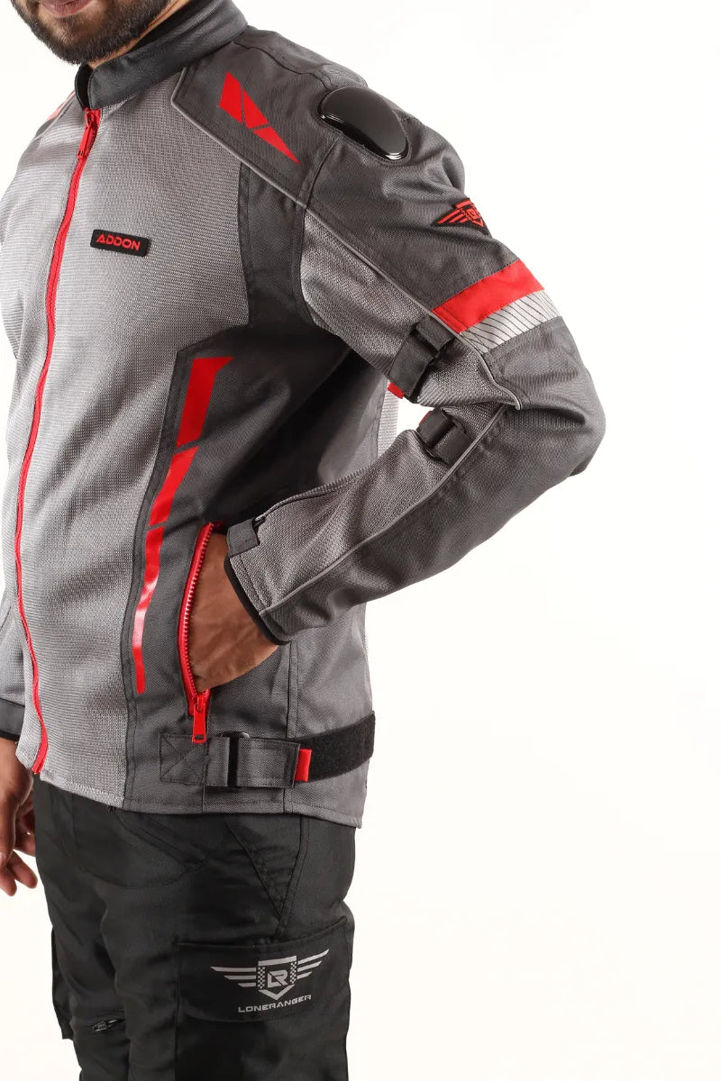 Waterproof Lone Ranger Addon Pro Jacket in Grey/Red for men, designed for a comfortable fit during long rides.