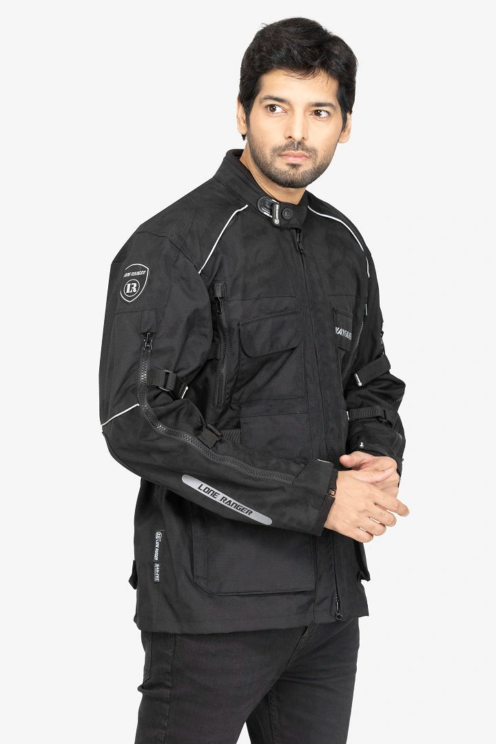 Lone Ranger Wayfarer Touring Jacket Black, men’s long-lasting touring jacket, men’s safety motorcycle jacket, comfortable riding jacket for men, black touring apparel, Lone Ranger quality gear