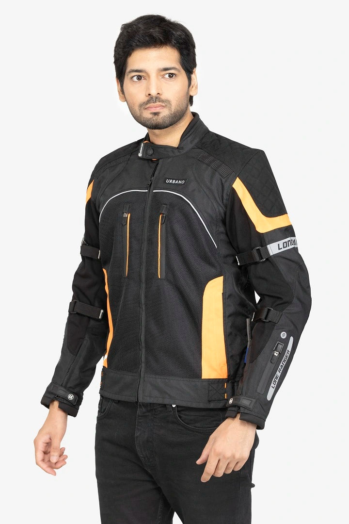 Lone Ranger Urbano Riding Jacket Orange, men’s adventure motorcycle jacket, orange armored jacket for men, durable riding jacket, men’s motorcycle gear, protective riding jacket, Lone Ranger men’s jacket