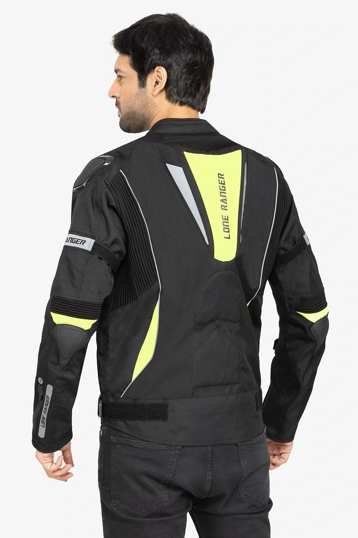 Lone Ranger Bandit Green Jacket with Aerodynamic Hump - High-quality safety gear with aerodynamic hump for biking