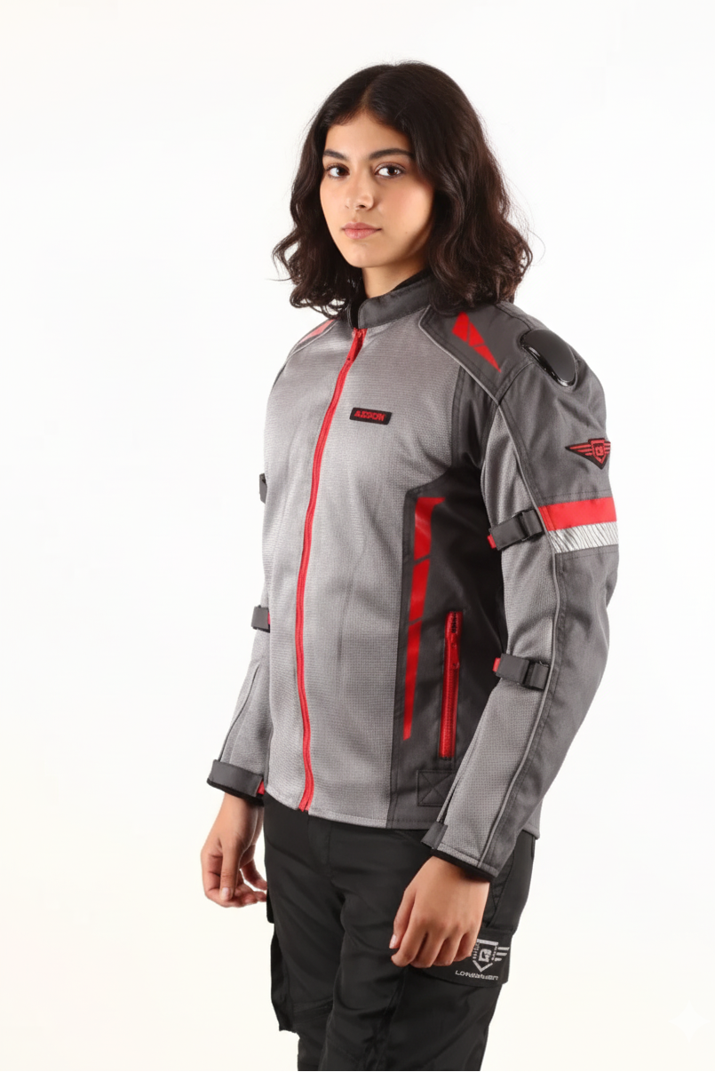 Person wearing a gray and red motorcycle jacket on a white background