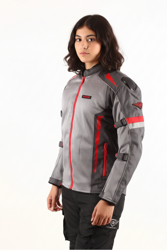 Person wearing a gray and red motorcycle jacket on a white background