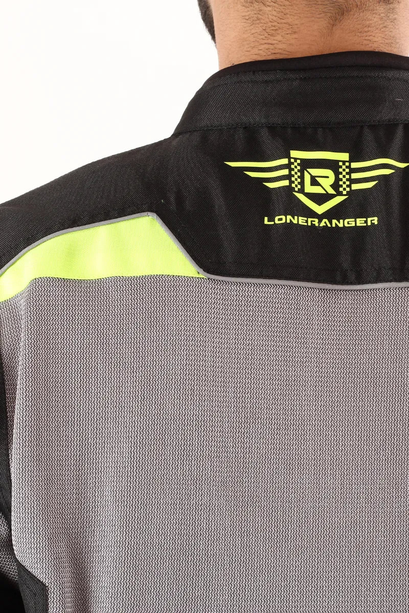 Lone Ranger Addon Pro Max Jacket in Black Neon Green for men, offering reinforced protection with breathable fabric for adventure riding.