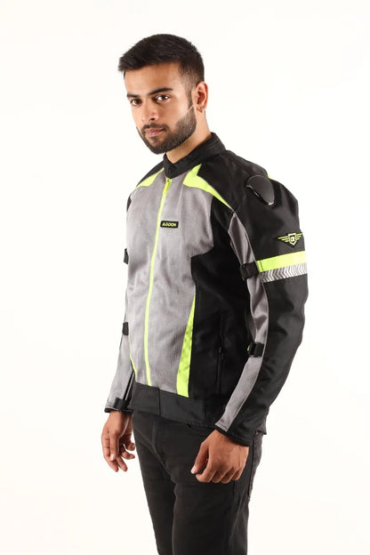 Waterproof Lone Ranger Addon Pro Max Jacket in Black Neon Green for men, designed for comfort during long rides and harsh weather.