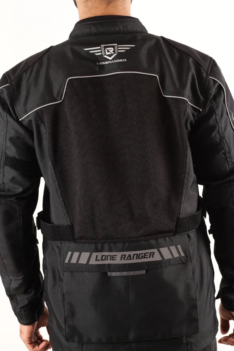 Durable Lone Ranger Adventure Touring Jacket - Black, leather motorcycle jacket for bike enthusiasts with safety gear.