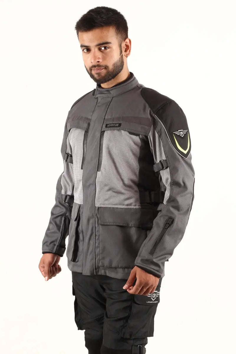 High-quality Lone Ranger Adventure Touring Jacket - Grey, riding gear with protective features for bike enthusiasts.